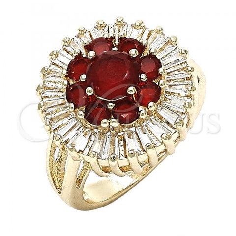 Oro Laminado Multi Stone Ring, Gold Filled Style Flower Design, with Ruby and White Cubic Zirconia, Polished, Golden Finish, 01.210.0104.1.07 (Size 7)