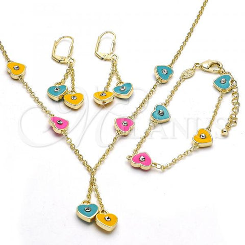 Oro Laminado Earring and Pendant Children Set, Gold Filled Style Heart Design, with White Crystal, Multicolor Enamel Finish, Golden Finish, 06.60.0003.4