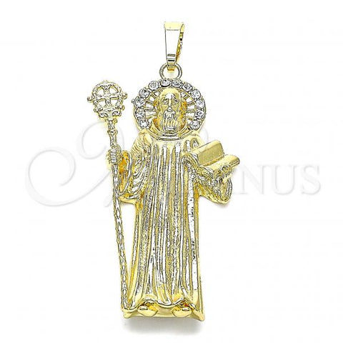 Oro Laminado Religious Pendant, Gold Filled Style San Benito Design, with White Crystal, Polished, Golden Finish, 05.253.0145