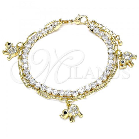 Oro Laminado Charm Bracelet, Gold Filled Style Elephant and Paperclip Design, with White Cubic Zirconia and White Micro Pave, Polished, Golden Finish, 03.63.2180.08