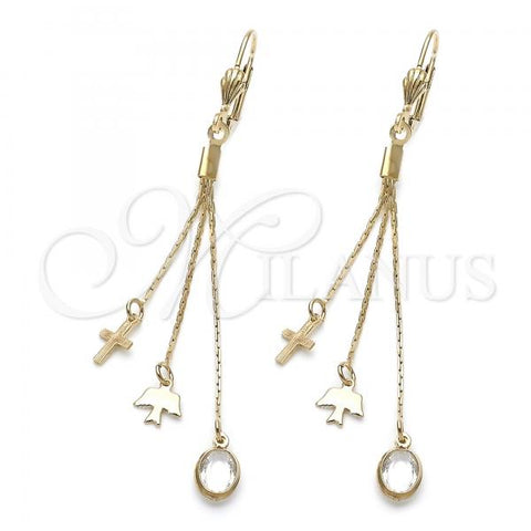 Oro Laminado Long Earring, Gold Filled Style Bird and Cross Design, with White Crystal, Polished, Golden Finish, 5.065.008