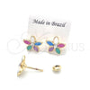 Oro Laminado Stud Earring, Gold Filled Style Flower Design, Green Enamel Finish, Golden Finish, 02.02.0504
