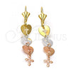 Oro Laminado Long Earring, Gold Filled Style Cross and Heart Design, Polished, Tricolor, 5.212.025
