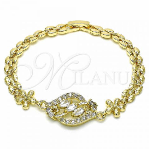 Oro Laminado Fancy Bracelet, Gold Filled Style Flower Design, with White Cubic Zirconia, Polished, Golden Finish, 03.357.0008.07