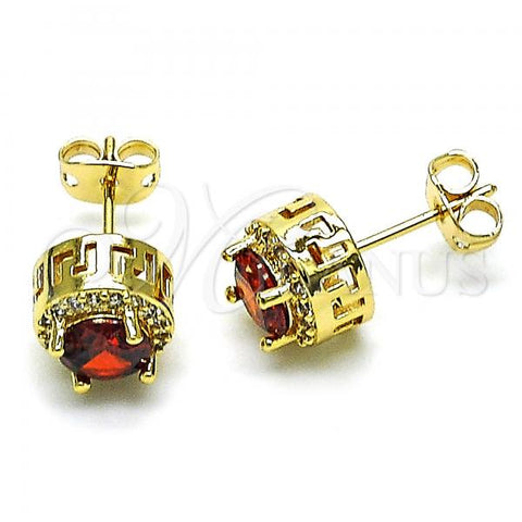 Oro Laminado Stud Earring, Gold Filled Style with Garnet Cubic Zirconia and White Micro Pave, Polished, Golden Finish, 02.342.0200.1