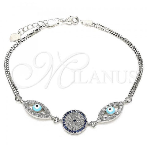 Sterling Silver Fancy Bracelet, Evil Eye Design, with Sapphire Blue and White Cubic Zirconia, Turquoise Enamel Finish, Rhodium Finish, 03.286.0026.07