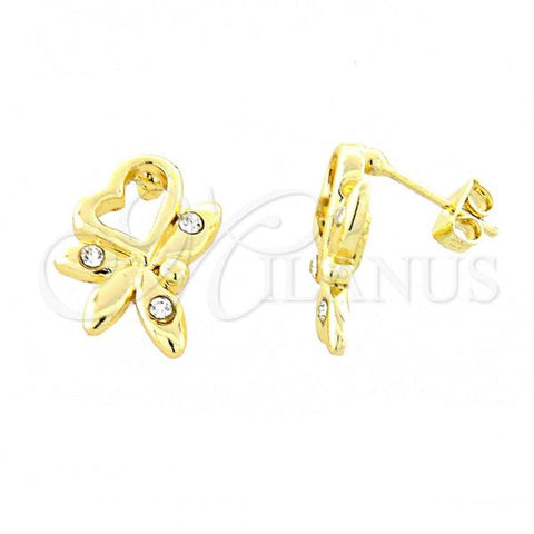 Oro Laminado Stud Earring, Gold Filled Style Heart and Flower Design, with White Crystal, Polished, Golden Finish, 02.59.0031 *PROMO*
