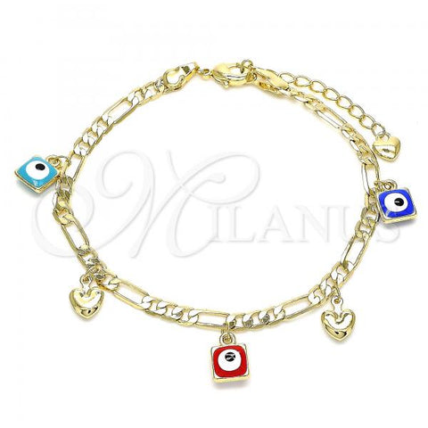 Oro Laminado Charm Bracelet, Gold Filled Style Evil Eye and Heart Design, Multicolor Enamel Finish, Golden Finish, 03.213.0132.07