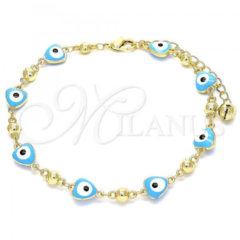 Oro Laminado Fancy Anklet, Gold Filled Style Evil Eye and Hand Design, Turquoise Enamel Finish, Golden Finish, 03.213.0037.4.10