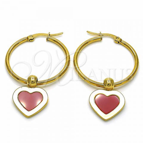 Stainless Steel Medium Hoop, Heart Design, Red Enamel Finish, Golden Finish, 02.364.0008.1.30