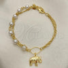 Oro Laminado Charm Bracelet, Gold Filled Style Elephant and Ball Design, with Ivory Pearl, Polished, Golden Finish, 03.32.0580.07