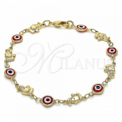 Oro Laminado Fancy Bracelet, Gold Filled Style Evil Eye and Elephant Design, Red Resin Finish, Golden Finish, 03.326.0010.1.08