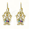 Oro Laminado Leverback Earring, Gold Filled Style Little Girl Design, with Multicolor Micro Pave, Polished, Golden Finish, 02.210.0377.3