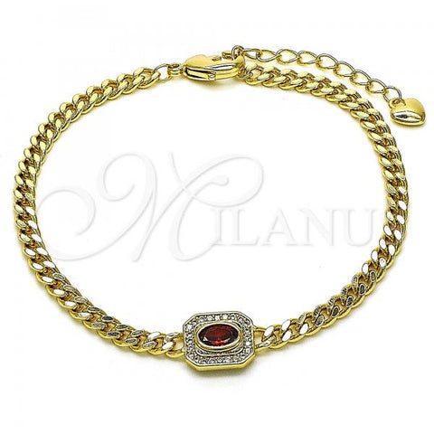 Oro Laminado Fancy Bracelet, Gold Filled Style Miami Cuban Design, with Garnet Cubic Zirconia and White Micro Pave, Polished, Golden Finish, 03.213.0162.2.07