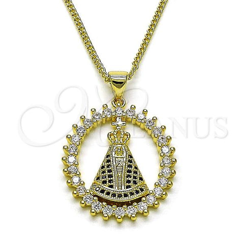 Oro Laminado Pendant Necklace, Gold Filled Style Caridad del Cobre Design, with White Cubic Zirconia and Sapphire Blue Micro Pave, Polished, Golden Finish, 04.195.0064.18
