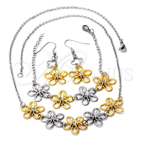 Stainless Steel Necklace, Bracelet and Earring, Flower Design, with White Crystal, Polished, Two Tone, 06.231.0024