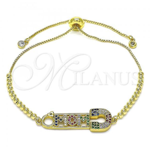 Oro Laminado Adjustable Bolo Bracelet, Gold Filled Style Mom and Paperclip Design, with Multicolor Micro Pave, Polished, Golden Finish, 03.341.0150.11