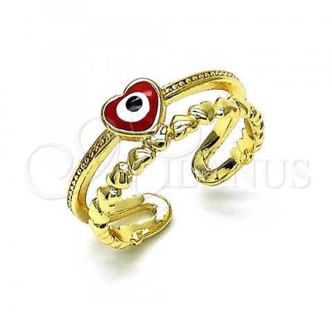 Oro Laminado Elegant Ring, Gold Filled Style Evil Eye and Heart Design, Red Enamel Finish, Golden Finish, 01.213.0017.1