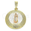 Oro Laminado Religious Pendant, Gold Filled Style Guadalupe and Greek Key Design, Polished, Tricolor, 05.380.0039.1