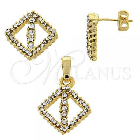 Oro Laminado Earring and Pendant Adult Set, Gold Filled Style with White Crystal, Polished, Golden Finish, 10.164.0011