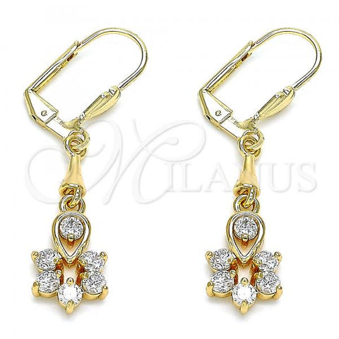 Oro Laminado Long Earring, Gold Filled Style Teardrop and Flower Design, with White Cubic Zirconia, Polished, Golden Finish, 02.213.0318