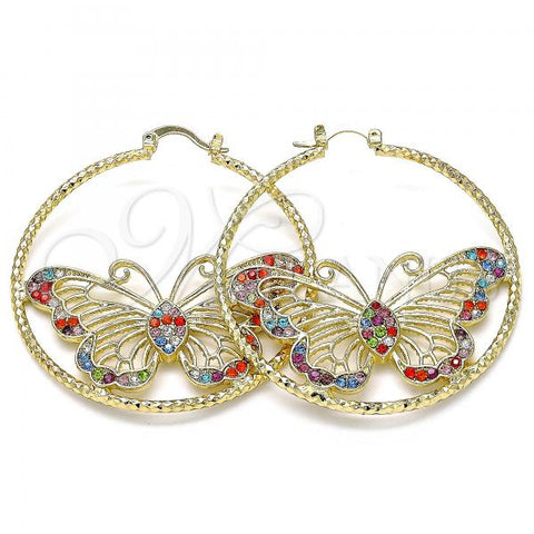 Oro Laminado Large Hoop, Gold Filled Style Butterfly Design, with Multicolor Crystal, Diamond Cutting Finish, Golden Finish, 02.380.0013.50