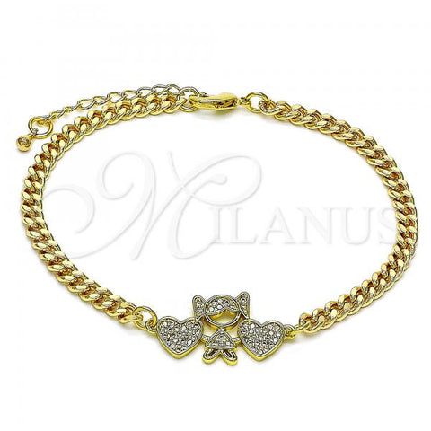 Oro Laminado Fancy Bracelet, Gold Filled Style Little Girl and Heart Design, with White Micro Pave, Polished, Golden Finish, 03.368.0070.08
