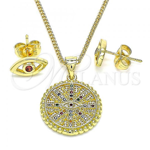 Oro Laminado Earring and Pendant Adult Set, Gold Filled Style Evil Eye Design, with Multicolor Micro Pave, Polished, Golden Finish, 10.156.0397.1
