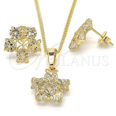 Oro Laminado Earring and Pendant Adult Set, Gold Filled Style Flower Design, with White Cubic Zirconia, Polished, Golden Finish, 10.106.0009