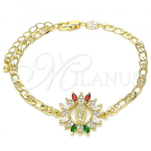 Oro Laminado Fancy Bracelet, Gold Filled Style Guadalupe Design, with Multicolor Cubic Zirconia and White Micro Pave, Polished, Golden Finish, 03.210.0147.1.07
