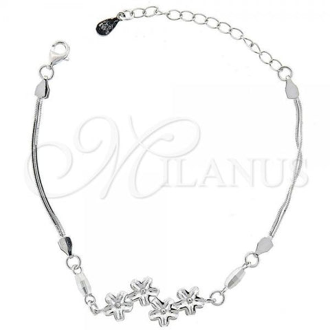 Sterling Silver Fancy Bracelet, Flower Design, Diamond Cutting Finish, Rhodium Finish, 03.183.0037