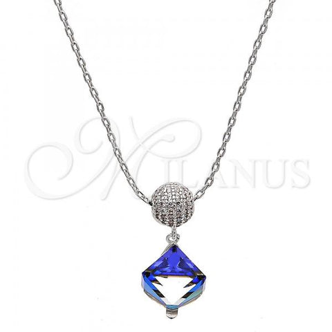 Rhodium Plated Pendant Necklace, with Bermuda Blue Swarovski Crystals and White Micro Pave, Polished, Rhodium Finish, 04.239.0021.2.16