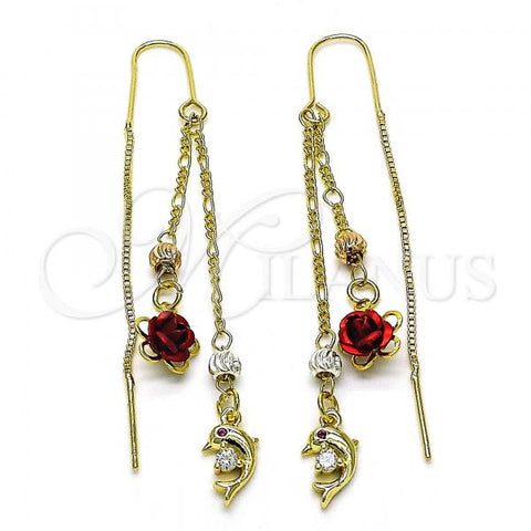 Oro Laminado Threader Earring, Gold Filled Style Dolphin and Flower Design, with Ruby and White Cubic Zirconia, Polished, Tricolor, 02.253.0035
