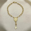 Oro Laminado Bracelet Rosary, Gold Filled Style Virgen Maria and Cross Design, Polished, Golden Finish, 09.213.0023.08