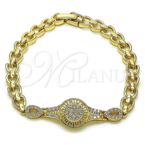 Oro Laminado Fancy Bracelet, Gold Filled Style Greek Key and Teardrop Design, with White Cubic Zirconia, Polished, Golden Finish, 03.283.0400.07