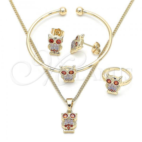 Oro Laminado Earring and Pendant Children Set, Gold Filled Style Owl Design, with Multicolor Cubic Zirconia, Polished, Golden Finish, 06.210.0013