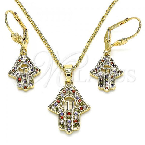 Oro Laminado Earring and Pendant Adult Set, Gold Filled Style Hand of God Design, with Multicolor Micro Pave, Polished, Golden Finish, 10.316.0061