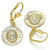 Oro Laminado Dangle Earring, Gold Filled Style Guadalupe Design, Diamond Cutting Finish, Golden Finish, 02.351.0065