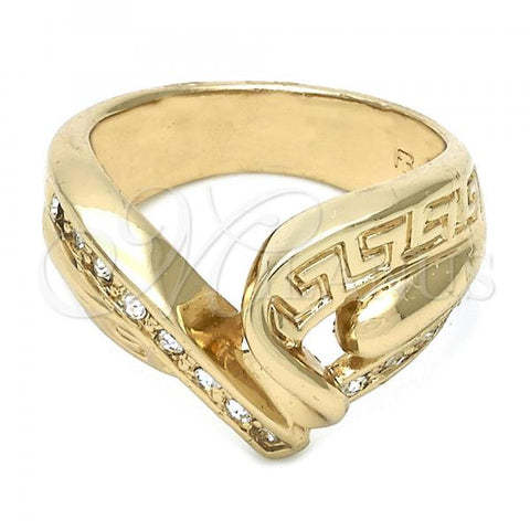Oro Laminado Elegant Ring, Gold Filled Style Greek Key Design, with White Cubic Zirconia, Diamond Cutting Finish, Golden Finish, 01.65.0046.08 (Size 8)