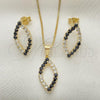 Oro Laminado Earring and Pendant Adult Set, Gold Filled Style Box and Leaf Design, with Black and White Cubic Zirconia, Polished, Golden Finish, 10.58.0023.1