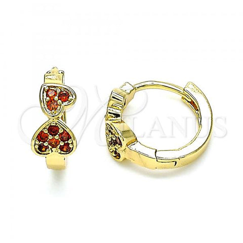 Oro Laminado Huggie Hoop, Gold Filled Style Heart Design, with Garnet Micro Pave, Polished, Golden Finish, 02.210.0549.15