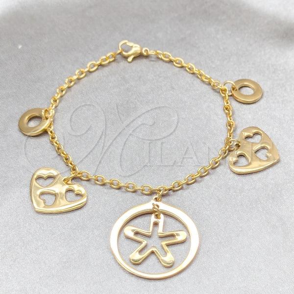 Stainless Steel Fancy Bracelet, Heart and Star Design, Polished, Golden Finish, 03.63.22102.07