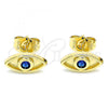 Oro Laminado Stud Earring, Gold Filled Style Evil Eye Design, with Sapphire Blue Micro Pave, Polished, Golden Finish, 02.156.0556