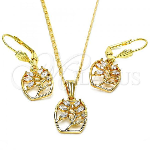 Oro Laminado Earring and Pendant Adult Set, Gold Filled Style Leaf Design, with White Cubic Zirconia, Polished, Golden Finish, 10.287.0009