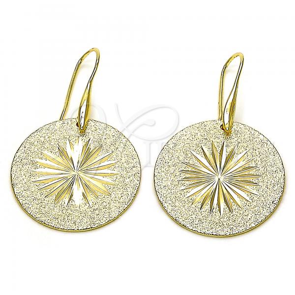 Oro Laminado Dangle Earring, Gold Filled Style Flower and Sun Design, Diamond Cutting Finish, Golden Finish, 5.092.003