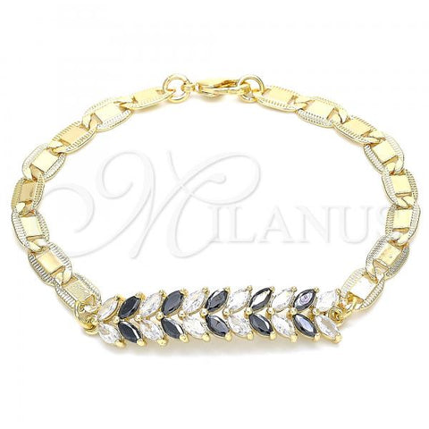 Oro Laminado Fancy Bracelet, Gold Filled Style Leaf Design, with Black and White Cubic Zirconia, Polished, Golden Finish, 03.63.2153.1.07