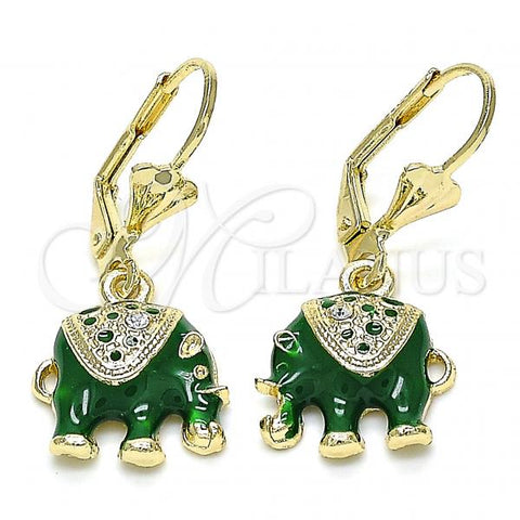Oro Laminado Dangle Earring, Gold Filled Style Elephant Design, with White Crystal, Green Enamel Finish, Golden Finish, 02.351.0058.3
