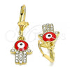 Oro Laminado Dangle Earring, Gold Filled Style Hand of God Design, with White Crystal, Red Enamel Finish, Golden Finish, 02.380.0084.1