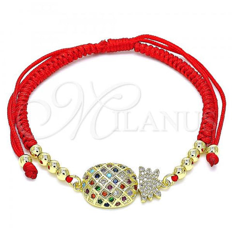 Oro Laminado Adjustable Bolo Bracelet, Gold Filled Style Pineapple and Ball Design, with Multicolor Micro Pave, Polished, Golden Finish, 03.368.0025.12