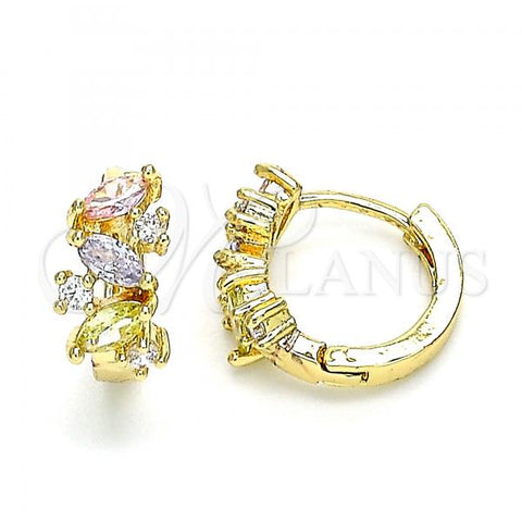 Oro Laminado Huggie Hoop, Gold Filled Style Leaf Design, with Multicolor Cubic Zirconia, Polished, Golden Finish, 02.210.0655.4.15